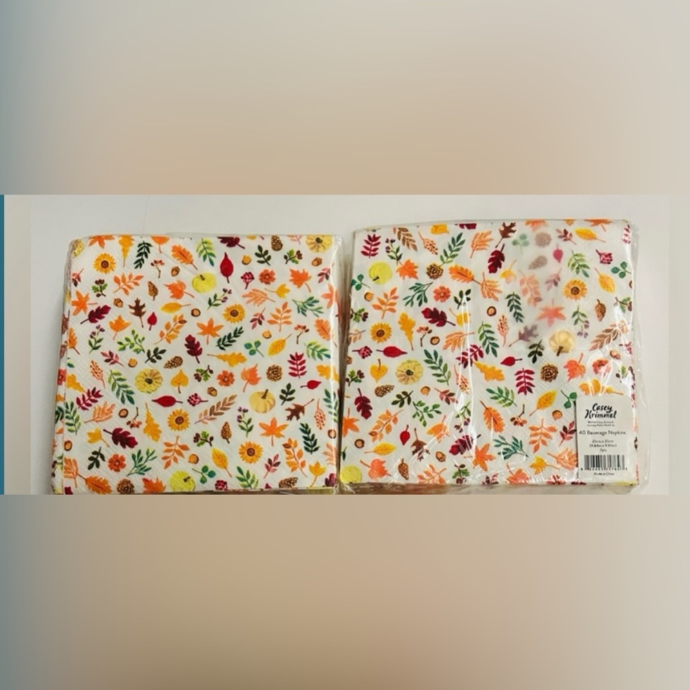 New 2 Packages of Casey Krimmel 40 Paper Beverage Napkins Fall Leaves 80 Napkins